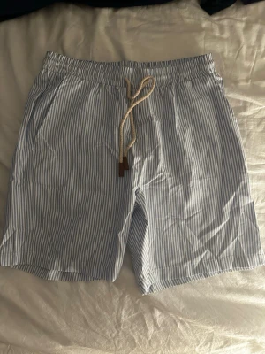 Randiga sommarshorts - Säljer ett par ljusblå och vita randiga shorts med elastisk midja och snörning. Aldrig använda så i nyskick. Säljs för jag ej vill ha dem. Säljs för 250kr. Kontakta mig om du har frågor.