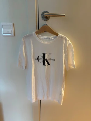 Vit t-shirt från Calvin Klein Jeans (barn) - Vit t-shirt från Calvin Klein Jeans med klassisk logga i svart på bröstet. T-shirten har rund hals och korta ärmar, tillverkad i mjuk bomull för en skön och avslappnad stil.