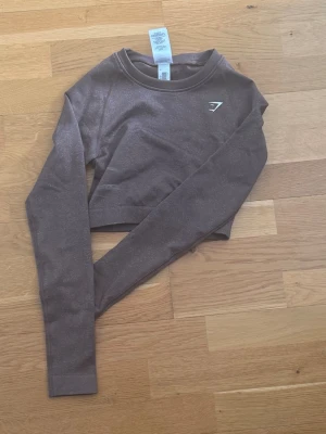 Brun croppad träningströja Gymshark - Snygg brun croppad topp med långa ärmar och diskret logga på bröstet. Toppen har en tight passform och en liten rynkdetalj i ryggen. Perfekt till gymmet eller som en trendig vardagslook.
