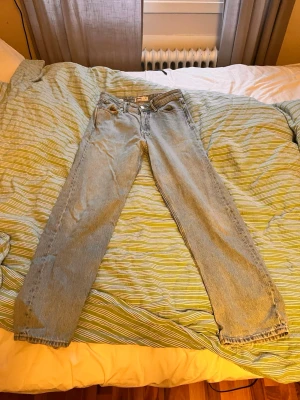 Ljusblå Loose Eddie jeans Jack & Jones - Säljer ett par ljusblå jeans från Jack & Jones, modellen Loose Eddie. Jeansen har rak passform och klassisk femficksdesign. Tillverkade i bomull med snygg tvättad look och metallknappar. Midja - 37 cm. Längd - ca 99cm. Skriv om funderingar!😃
