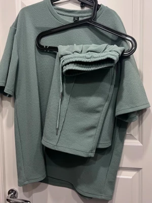 Mint grönt set TShirt och shorts  - Säljer ett par mintgröna shorts med elastisk midja och snörning med en tillhörande T-shirt. Shortsen har en relaxed passform och är perfekta för chill dagar.  Materialet är mjukt och bekvämt, och färgen ger en fräsch vibe.