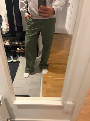 Gröna cargobyxor med raka ben - Säljer ett par gröna cargobyxor med avslappnad passform och raka ben. Byxorna har flera fickor och synliga sömmar över knäna för en cool look. Perfekta för dig som gillar streetwear och vill ha något bekvämt och stilrent.