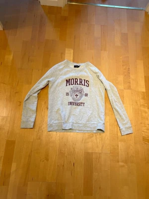 Grå sweatshirt Morris lady - Snygg ljusgrå sweatshirt med vinrött tryck på bröstet där det står 'Morris University 1968' och ett emblem. Tröjan har rund hals, långa ärmar och ribbade muddar vid ärmslut och nederkant. Perfekt för en avslappnad och sportig stil.