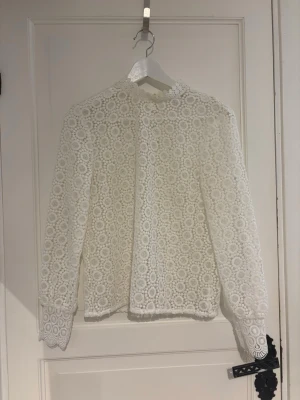 Vit spetsblus från H&M - Säljer en superfin vit spetsblus från H&M i storlek 36. Blusen har långärmad design, hög krage och är helt täckt av detaljerad spets 