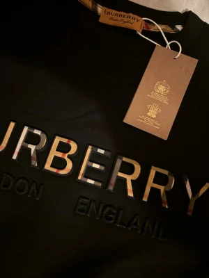 Svart Burberry t-shirt med logga - Snygg svart t-shirt från Burberry med klassisk logga i fram i metallic och rutiga detaljer. T-shirten har rund hals och korta ärmar, perfekt för en stilren och trendig look. Tillverkad i mjuk bomull för skön komfort.