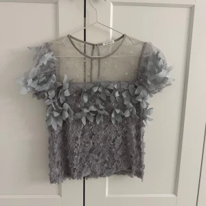 Ida Sjöstedt topp  - Säljer en superfin grå blus med blommiga spetsdetaljer och korta ärmar. Den har en transparent överdel med små stjärnor och blommor, vilket ger en romantisk känsla. Perfekt för festliga tillfällen eller en utekväll. Passar bra till både kjol och byxor!