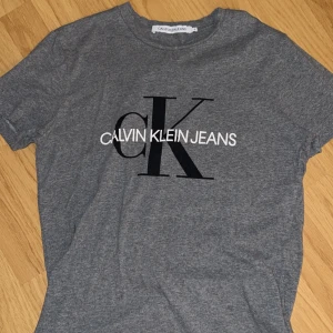 Grå t-shirt från Calvin Klein Jeans - Säljer en snygg grå t-shirt från Calvin Klein Jeans i storlek S. Den har en klassisk design med det ikoniska CK-logotypen tryckt i svart och vitt på framsidan. Perfekt för en avslappnad stil och passar till alla tillfällen. T-shirten är i mycket bra skick och gjord av mjuk bomull.