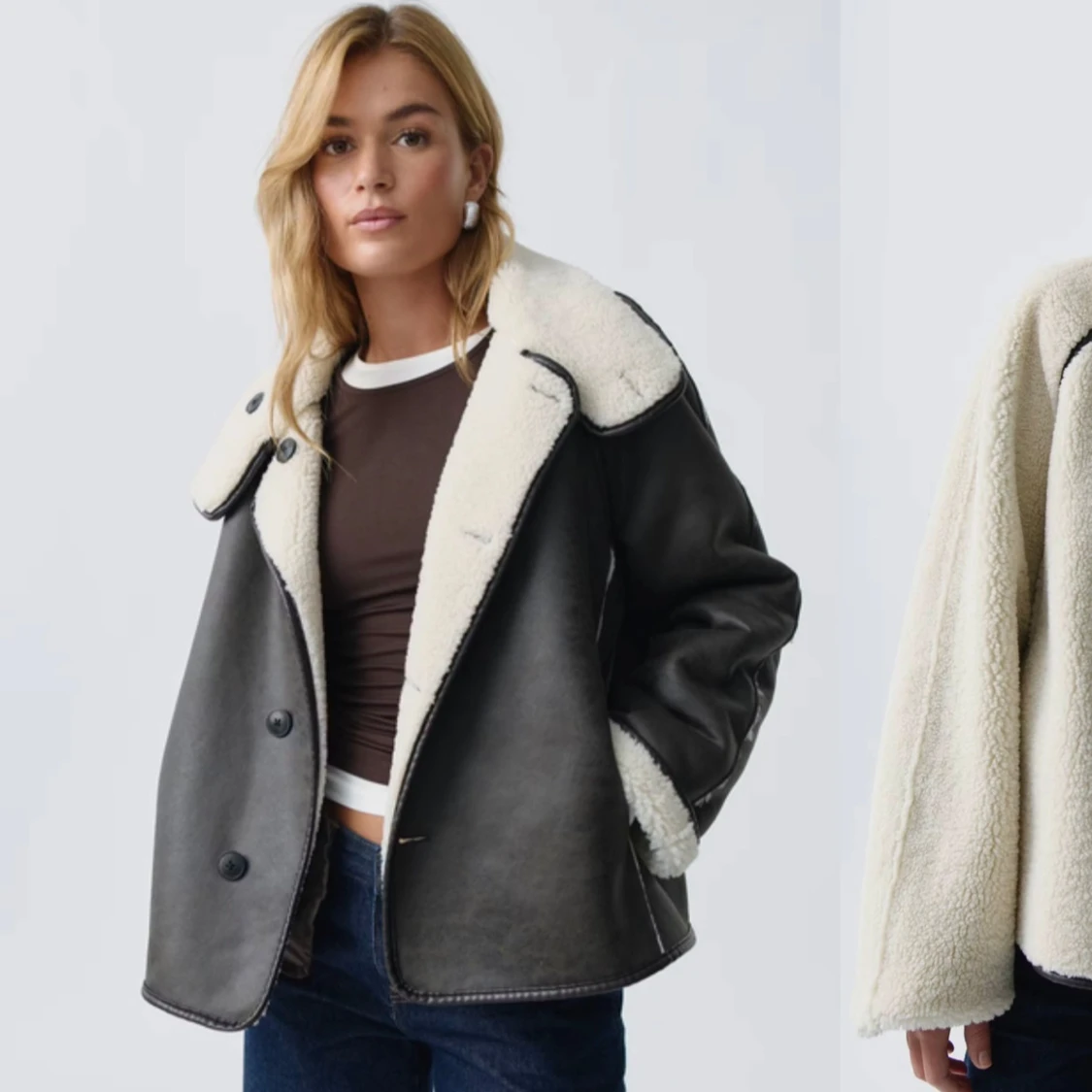 Beige teddyjacka med svarta detaljer - 90