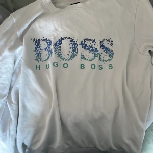 Vit tröja från Hugo Boss - Säljer en stilren vit tröja från Hugo Boss med ett coolt pixelmönster i blått och grönt på framsidan. Tröjan har långa ärmar och en rund halsringning. Storlek är L men passar M väldigt bra.
