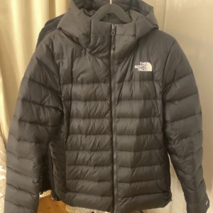 Svart dunjacka från The North Face - Säljer en svart dunjacka från The North Face med luva och dragkedja. Jackan är perfekt för kalla dagar och har en stilren design med märkets logga på bröstet. Den är långärmad och har en pufferstil som ger extra värme. Stora och varma fickor som får plats med mycket. Storlek L. Är i bra skick. Original pris: 2 395 kr. Säljer för halva priset.