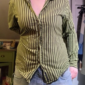 Grön och brun randig skjorta -  grön och brun randig skjorta med långa ärmar och klassisk krage. Skriv för mått eller liknande :)