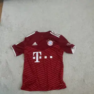 Säljer en snygg röd Bayern München fotbollströja från Adidas. Tröjan har korta ärmar och ett coolt randigt mönster på framsidan. Det är FC Bayern Münchens nummer 11 med Kingsley Coman på baksida.