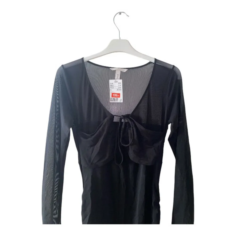 Otrolig klänning som är köpt på H&M (Reapris 170 kr). Svart heltäckande tyg på ytterklänningen, men med nättygs material på ärmarna och lite under bysten som är mer genomskinligt. Storlek M och passar bra för en person som är 160 cm. Mekot.