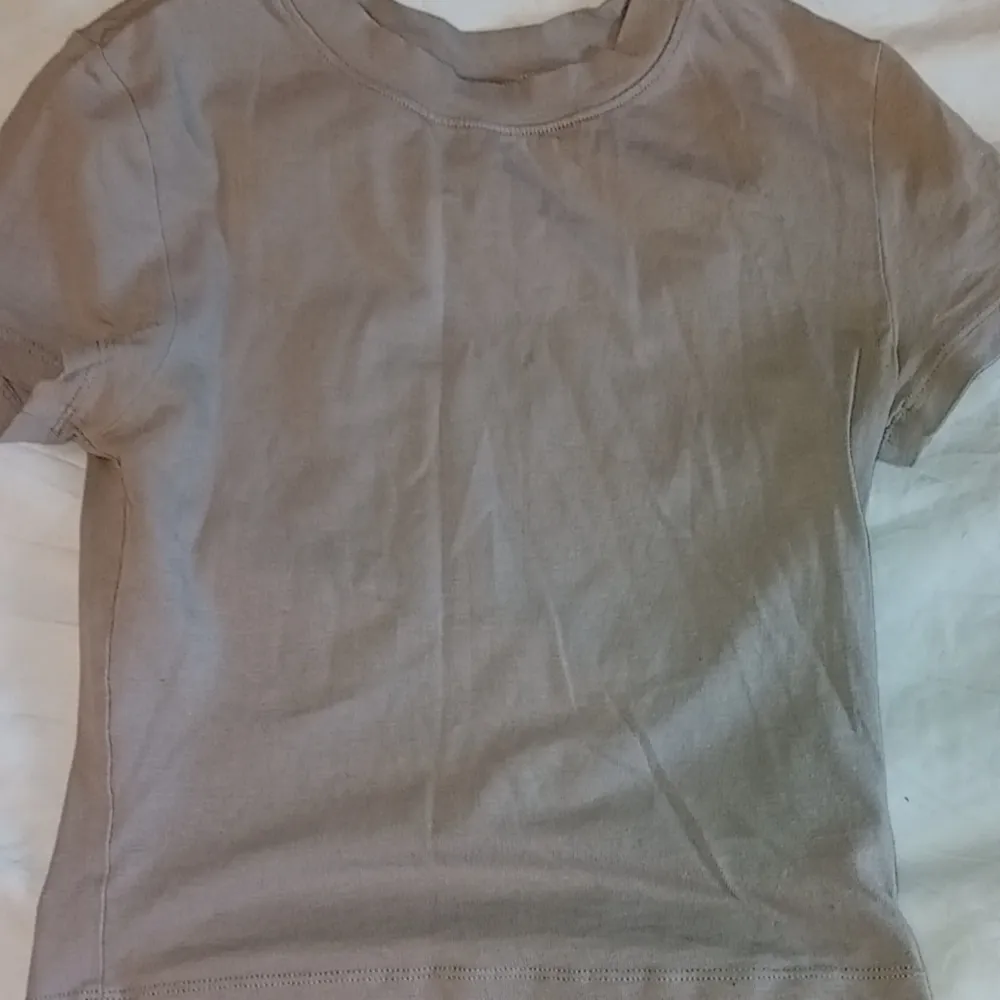 Säljer två t-shirts i beige och grå färg. Den gråa t-shirten har en liten fläck längst ner på baksidan men det är inget man tänker på! Säljer båda två för 120.. T-shirts.