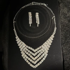 Glittrigt halsband och örhängen set Glitter Gala Glamour Vintagelook 30-tal 40-tal Great Gatsby - Säljer ett superglittrigt set med halsband och matchande örhängen. Halsbandet har en v-formad design, silverfärgat med flera rader av gnistrande stenar som verkligen fångar ljuset. Örhängena är långa och eleganta, 4,5 x 1 cm. Halsbandet justerbart, max 62 cm. perfekt för en fest eller bal.