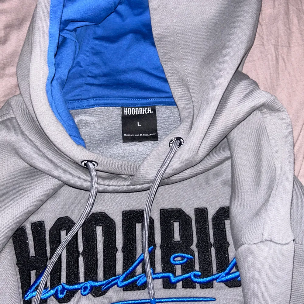 Säljer en snygg grå hoodie från Hoodrich med blå detaljer. Den har en stor logga på både fram- och baksidan. Insidan av huvan är blå. Perfekt för en avslappnad stil! Säljer för 500 . Tröjor & Koftor.