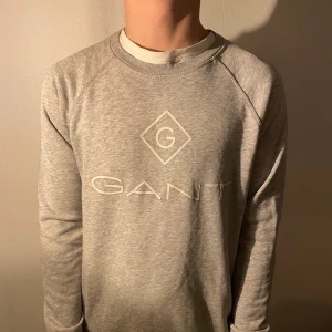 Grå sweatshirt från GANT - Säljer en stilren grå sweatshirt från GANT med logotyp framtill. Tröjan har långa ärmar och rund halsringning, perfekt för en avslappnad look. Och en rad på innersidan av ärmarna där de står GANT.