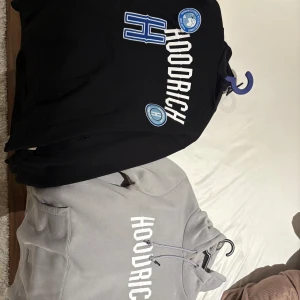 Svart och grå hoodie från Hoodrich - Två hoodies från Hoodrich, en i svart och en i grått. Båda har stor text på framsidan och detaljer i blått. Perfekta för en avslappnad stil. Båda är storlek M, båda tröjorna får ni till ett pris av 500 kronor men ni kan välja att bara köpa en av tröjorna för endast 250 kronor 