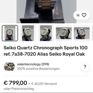 Säljer en Seiko Quartz Chronograph Sports 100 med referensnummer 7a38-7020, även känd som Seiko Royal Oak. Klockan har en elegant guldfärgad urtavla med silver- och gulddetaljer på armbandet. Den har en tachymeter och flera sub-dials för tidtagning. Perfekt för både vardag och speciella tillfällen. Köpt för strax över 8000kr.