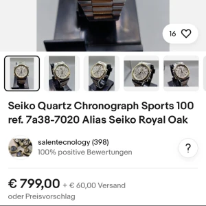 Seiko Quartz Chronograph Sports 100 - Säljer en Seiko Quartz Chronograph Sports 100 med referensnummer 7a38-7020, även känd som Seiko Royal Oak. Klockan har en elegant guldfärgad urtavla med silver- och gulddetaljer på armbandet. Den har en tachymeter och flera sub-dials för tidtagning. Perfekt för både vardag och speciella tillfällen. Köpt för strax över 8000kr.