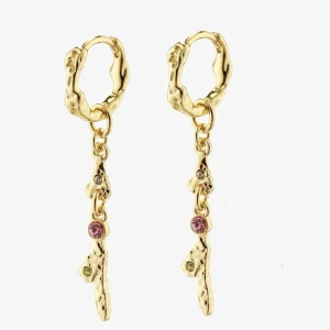 Guldörhängen med rosa stenar Pilgrim - Snygga guldörhängen med en unik, organisk form och hängande detaljer. De har små rosa stenar som ger en extra touch av elegans. Perfekta för att piffa upp vilken outfit som helst! Märket är Pilgrim och nypris är 499kr. Den lilla gröna stenen på ena örhänget har låtskatt men det syns absolut inte! Men därav lågt pris