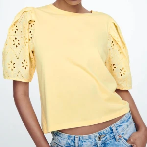 Svart topp med spetsdetaljer från Zara - Snygg svart topp från Zara med korta ärmar och vackra spetsdetaljer. Perfekt för en somrig look. Den har en rund halsringning och en avslappnad passform. Slutsåld på hemsidan💗😊