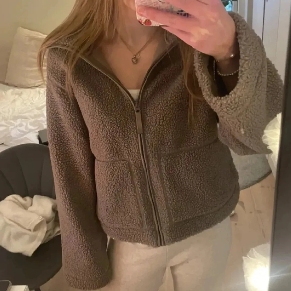 Brun teddyjacka med dragkedja - 91