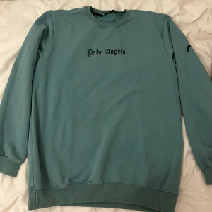 Blå tröja från Palm Angels - Säljer en snygg blå tröja från Palm Angels. Den har ett coolt tryck med märkesnamnet både fram och bak. Tröjan är långärmad och har ribbade muddar vid ärmslut och nederkant. Perfekt för en avslappnad stil!