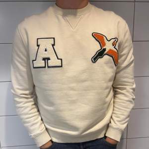 Säljer en snygg beige sweatshirt med coola applikationer på framsidan. Den har en stor bokstav 'A' och en färgglad fågel. Tröjan är långärmad och har ribbade muddar vid ärmslut och nederkant. Perfekt för en avslappnad stil!