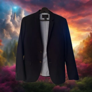 Svart kavaj  - Säljer en stilren svart kavaj från H&M i slim fit. Perfekt för både fest och formella tillfällen. Kavajen har två knappar fram och fyra dekorativa knappar vid ärmsluten. Aldrig använd så topp kvalitet. Materialet är reflat (se bild)