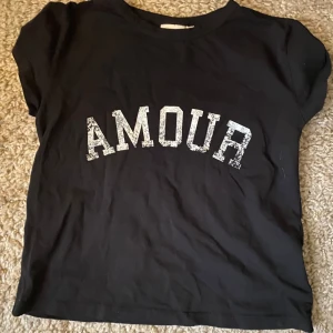 Svart t-shirt med tryck från Gina Tricot - Snygg svart t-shirt från Gina Tricot med texten AMOUR i vitt tryck på framsidan. Perfekt för en avslappnad stil. Kortärmad och bekväm passform. Använd fåtal gånger så därför bra skick. Säljer pga att den inte kommer till användning. 