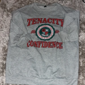 Grå sweatshirt från SHEIN - Säljer en grå sweatshirt från SHEIN i storlek XS. Tröjan har tryck med texten 'TENACITY CONFIDENCE' i rött och ett emblem i mitten. Perfekt för en avslappnad stil och passar bra till vardags. Den är i bra skick och superbekväm!