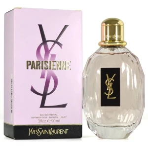 Parisienne Eau de Parfum från Yves Saint Laurent - Elegant parfymflaska med en lyxig design från Yves Saint Laurent. Flaskan är transparent med en svart etikett och guldlock. Doften Parisienne är känd för sina blommiga och fruktiga noter, perfekt för den som vill känna sig sofistikerad och chic.