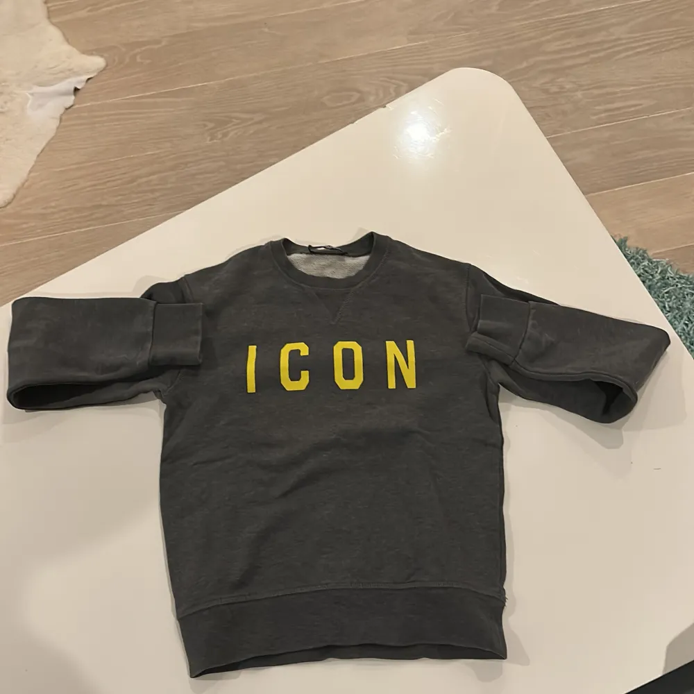 Säljer en cool grå sweatshirt från DSQUARED2 med texten 'ICON' i gult på framsidan. Tröjan har en klassisk rund hals och långa ärmar, perfekt för både vardag och chill. Den är i bra skick och redo för en ny ägare. Passar perfekt för höst och vår!. Neuletakit & Villapaidat.
