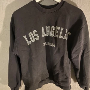 Grå sweatshirt med Los Angeles-tryck - Säljer en snygg mörkgrå sweatshirt med texten 'Los Angeles California' i vitt&grått på framsidan från gina tricot. Tröjan har en normal passform och är perfekt för en avslappnad stil. Den är i mycket bra skick och passar perfekt för höst och vår. Superbekväm och lätt att matcha med jeans eller joggers! (PM OM DU VILL HA FLER BILDER)