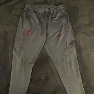 Grå Liverpool träningsbyxor  - Snygga grå träningsbyxor från Nike med Dri-FIT-teknologi. Byxorna har en slim fit passform och elastisk midja med snörning. Perfekta för träning med stilren design och röda detaljer. Har två fickor med dragkedja och har nästan inga defekter.