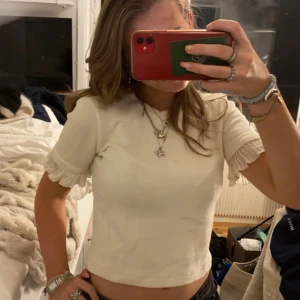 T-shirt med volanger - Fin T-shirt i tjockare material från zara med volanger på ärmarna. Väl använd. Tre små fläckar på fram men som knappt är märkbara. 