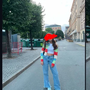 Flerfärgad randig croppad kofta - Säljer en färgglad och trendig kofta med ränder i rött, grönt, blått och vitt. Koftan är croppad och har långa ärmar, perfekt för en avslappnad stil. Passar bra till jeans eller kjol för en cool look.