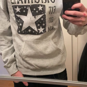 Grå hoodie med stjärntryck - Säljer en grå hoodie med ett stort stjärntryck på framsidan. Tröjan har en klassisk känguruficka och en bekväm huva. Perfekt för en avslappnad stil. Ändast testad!