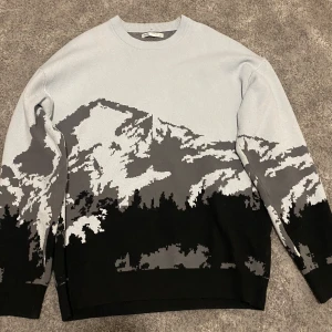 Zara tröja - Säljer en stilren grå tröja från Zara med ett coolt bergsmotiv i olika nyanser av grått och svart. Tröjan har långa ärmar och en rund halsringning. Perfekt för dig som gillar naturinspirerade mönster!