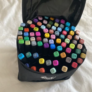 Färgpennor  - 80 stycken färgpennor i olika färger, oanvända och väskan som pennorna är i medföljer