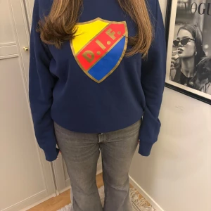 Blå sweatshirt med DIF-logga - Säljer en blå sweatshirt med stor DIF-logga på framsidan. Tröjan har långa ärmar och en avslappnad passform. Super mysig på insidan 