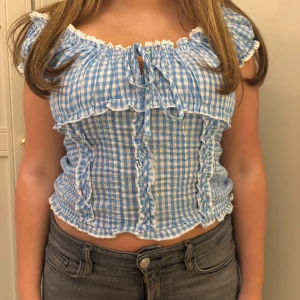 Blå och vit rutig blus - Charmig blå och vit rutig blus med volangdetaljer och knyt framtill. Blusen har korta ärmar och en smickrande passform som ger en söt och somrig look. Helt oanvänd