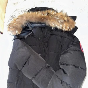 Svart jacka från Canada Goose - Säljer en svart jacka från Canada Goose med en snygg pälsfodrad huva. Jackan har en klassisk design med lång ärm och ett märke på ärmen. Perfekt för kalla vinterdagar.