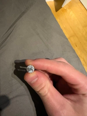Glittrande örhänge med pärlor - Säljer ett snyggt örhänge med rund form och glittrande stenar runt en större mittsten. Örhänget har en klassisk och elegant look med pärldetaljer som ger extra bling. Perfekt för dig som vill sticka ut lite extra.