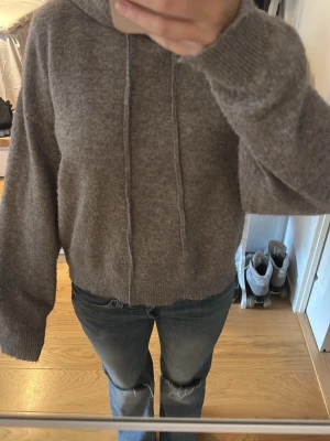 Mjuk brun hoodie med huva - Säljer en mysig ljus brun hoodie med huva och snören. Tröjan har breda ärmar och ribbade muddar vid ärmslut och nederkant. Perfekt för chill dagar och enkel att matcha med jeans eller mjukisbyxor.