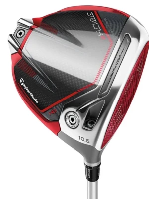TaylorMade Stealth HD Driver 10.5° - Säljer en TaylorMade Stealth HD driver med 10.5° loft. Klubban har en modern design i svart, rött och silver med detaljer i kolfiber och metall. Perfekt för dig som vill ha extra längd och kontroll på golfbanan.