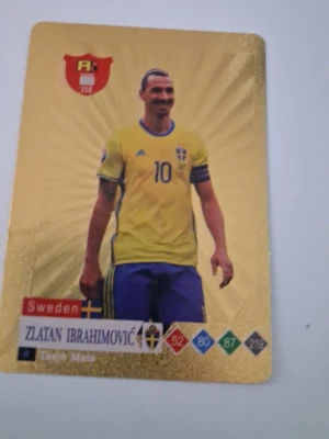 Guldiga fotbollssamlarbilder - Två samlarkort med fotbollsspelarna Zlatan Ibrahimović och Kylian Mbappé. Kortens design är guldfärgad med spelarnas landslagströjor, nummer och namn tydligt tryckta. Perfekt för dig som gillar att samla på fotbollskort eller vill ha något unikt till din samling.