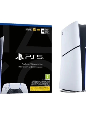 PlayStation 5 spelkonsol med handkontroll - PlayStation 5 är en kraftfull spelkonsol i vit och svart design med futuristiska former. Konsolen har en matchande trådlös handkontroll med blå LED-detaljer. Perfekt för gaming på nästa nivå och stödjer 4K-upplösning.