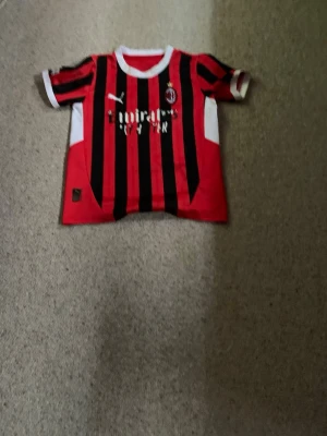 AC Milan matchtröja Ronaldinho - Snygg AC Milan matchtröja med Ronaldinho och nummer 80 på ryggen. Tröjan är röd och svart med vertikala ränder, vita detaljer och Puma-logga på bröstet. Tillverkad i lätt och ventilerande material, perfekt för fotboll eller träning.passar för 145 cm cirka 10 till 11 år